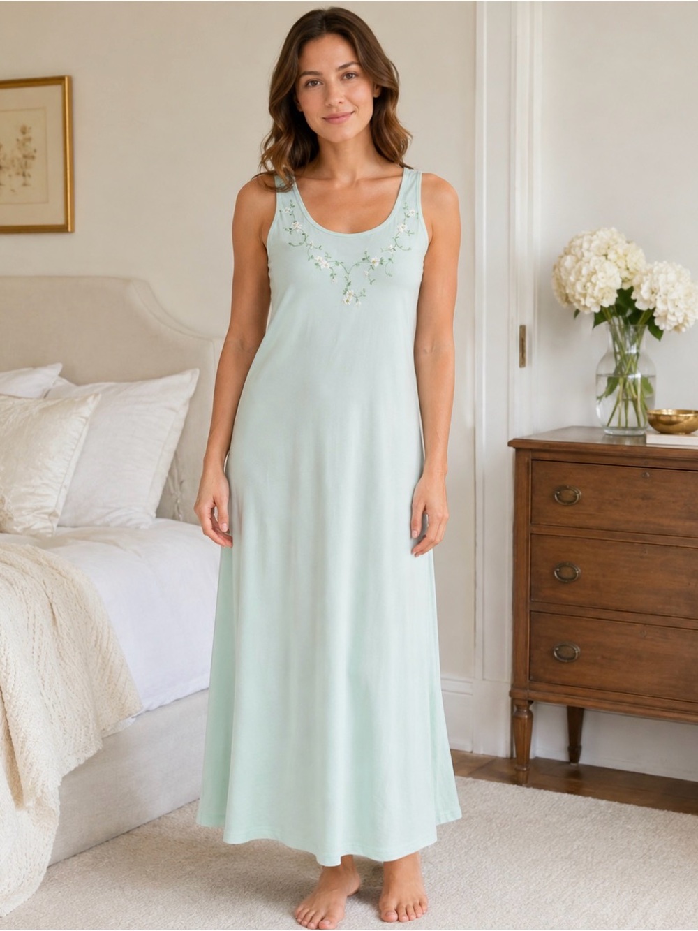 Oscar de la Renta Pink Label Nightgown S Mint Green Floral Embroidered Maxi